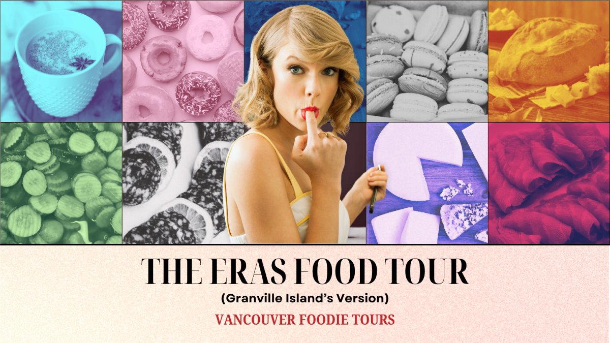 A poster-style image of Taylor Swift with a colourful background of different foods on the tour