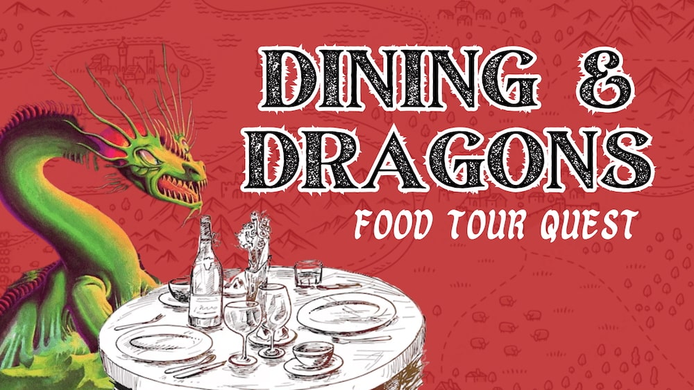 an image of a green dragon siting at a table served for two, representing the Dungeons & Dragons Food Tour Quest as a part of the Fan Expo Vancouver event