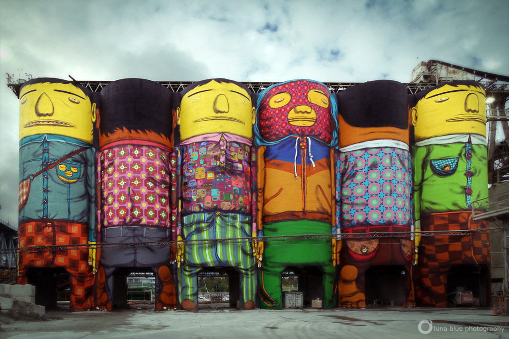 The colourful “Giants” murals painted on the Ocean Concrete silos oin Granville Island