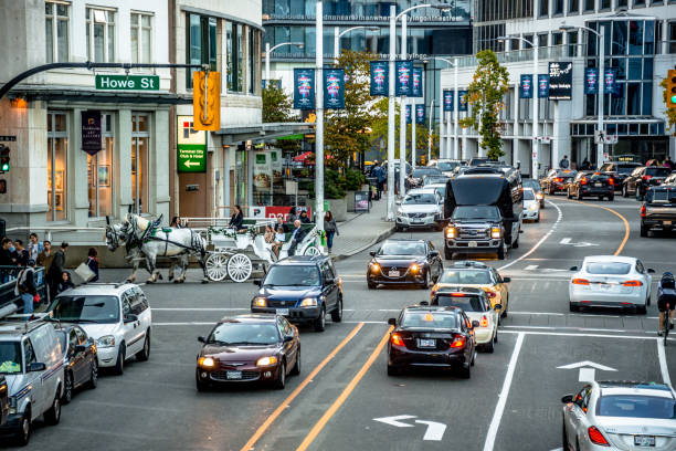 Vehicles entering Granville Island, showing the route for visitors arriving by car.