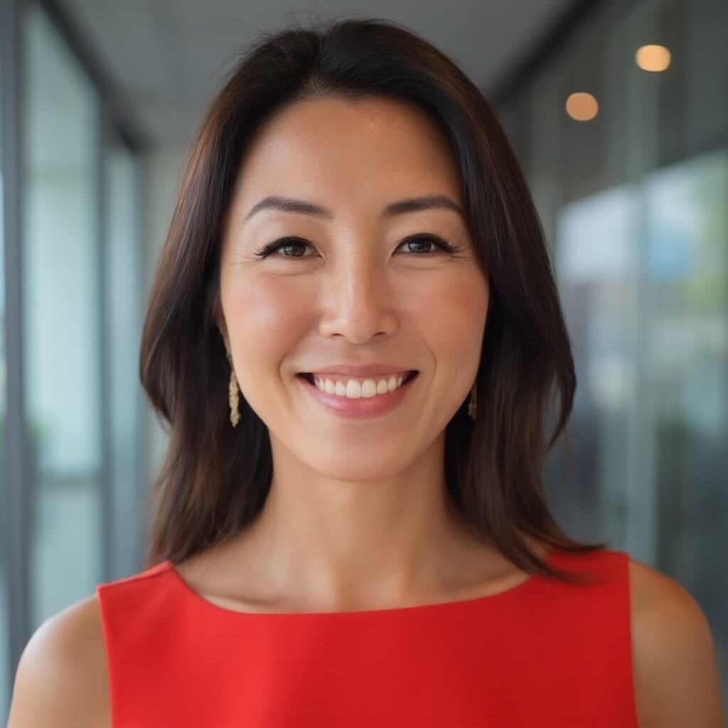 Smiling headshot of Michelle, founder of Vancouver Foodie Tours, wearing a red dress.