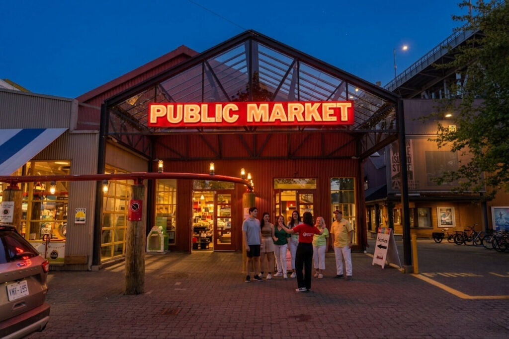 Granville Island Public Market entrance at dusk with a small group gathered outside.
