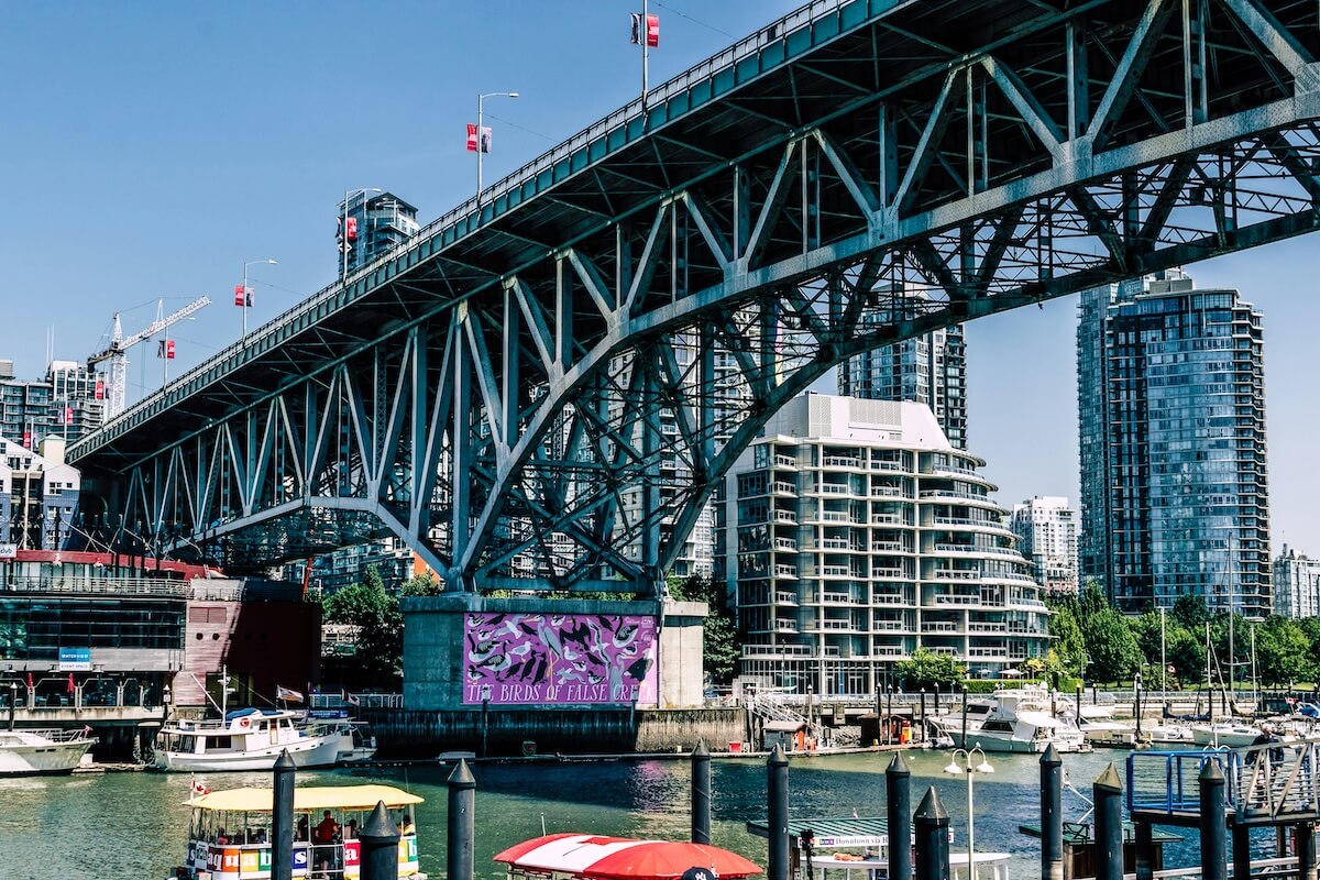 View of Granville Bridge and the waterfront near Granville Island in Vancouver