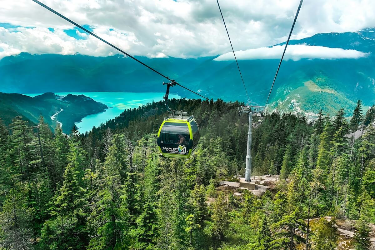 Sea to Sky Gondola above forested mountains near Whistler, a popular day trip from Vancouver.
