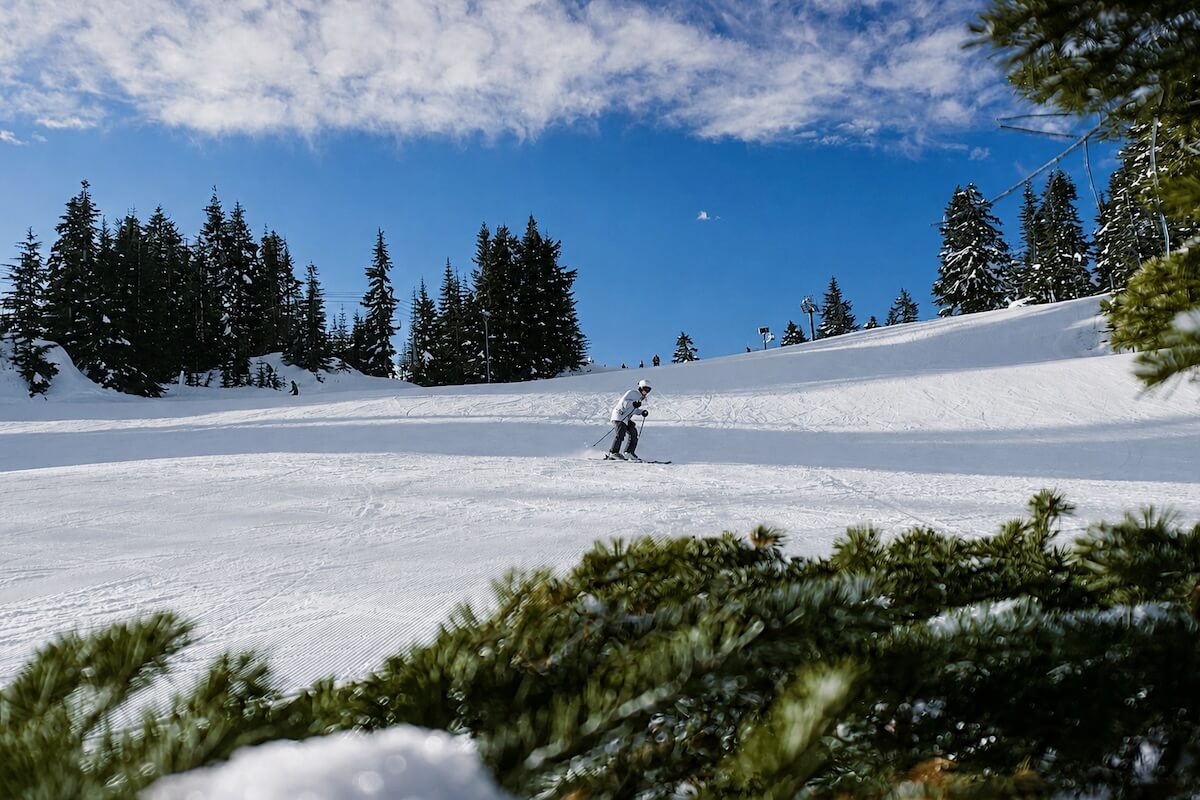 Skier descending a snow-covered slope at Grouse Mountain, surrounded by evergreen trees under a blue winter sky.