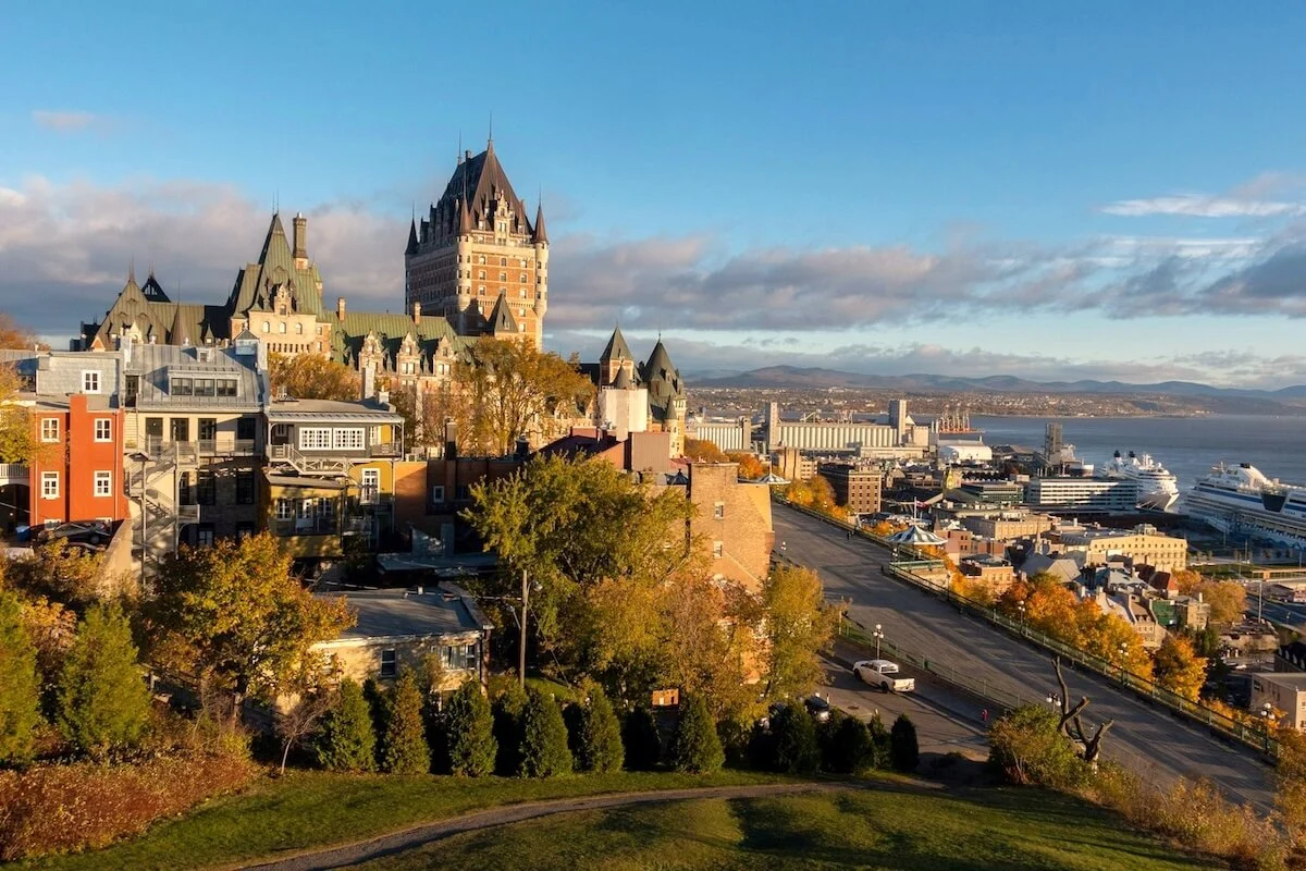 Château Frontenac and the walled Old Town of Quebec City above the St. Lawrence River in autumn